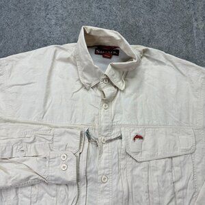 Simms Fishing Shirt Men L Beige Lined Long Sleeve Vented Zip Pocket Roll Tab